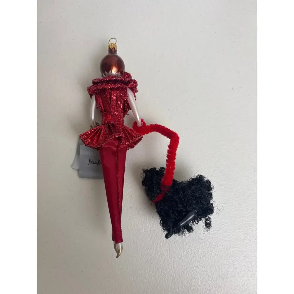 De Carlini Neiman Marcus Lady w/ Poodle Glass Ornament Red Outfit Italy Box Tags